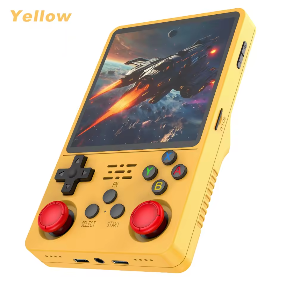 Yellow handheld gaming console with screen displaying a space-themed game on a white background.