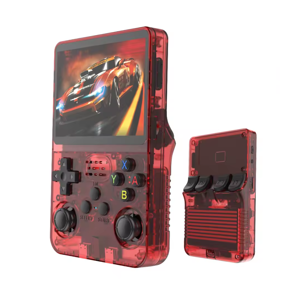 Handheld gaming console with transparent red casing displaying a racing game on screen.