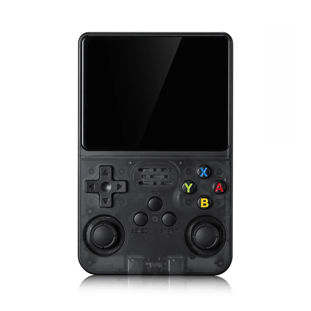 Black handheld gaming console with a screen and control buttons on a white background