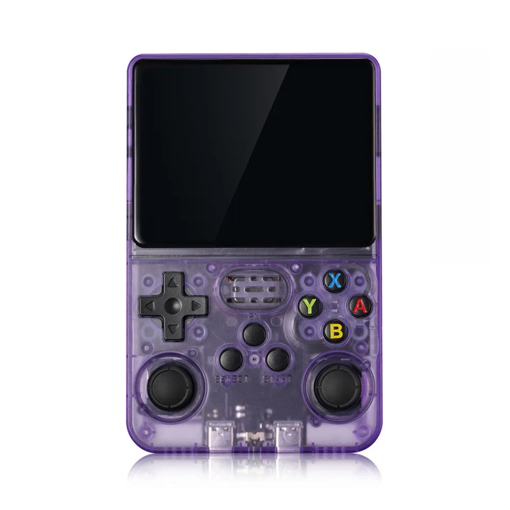 Handheld gaming console with transparent purple casing on a white background