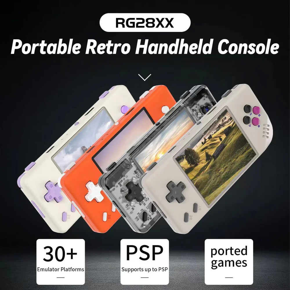 Portable retro handheld console with colorful design on a dark background
