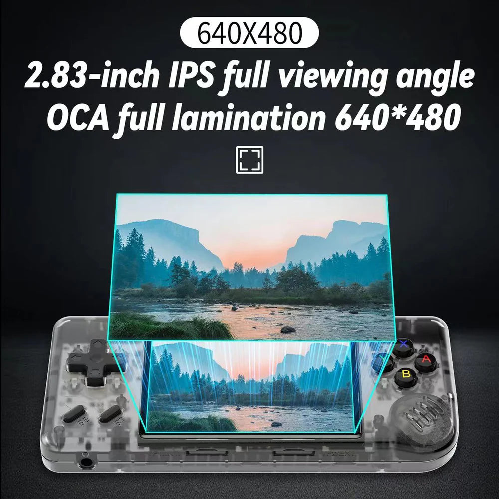 Handheld gaming console with a transparent screen displaying a scenic view, on a black background.