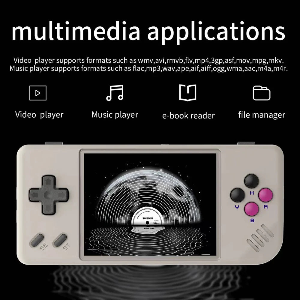 Handheld device with screen displaying multimedia applications on a black background
