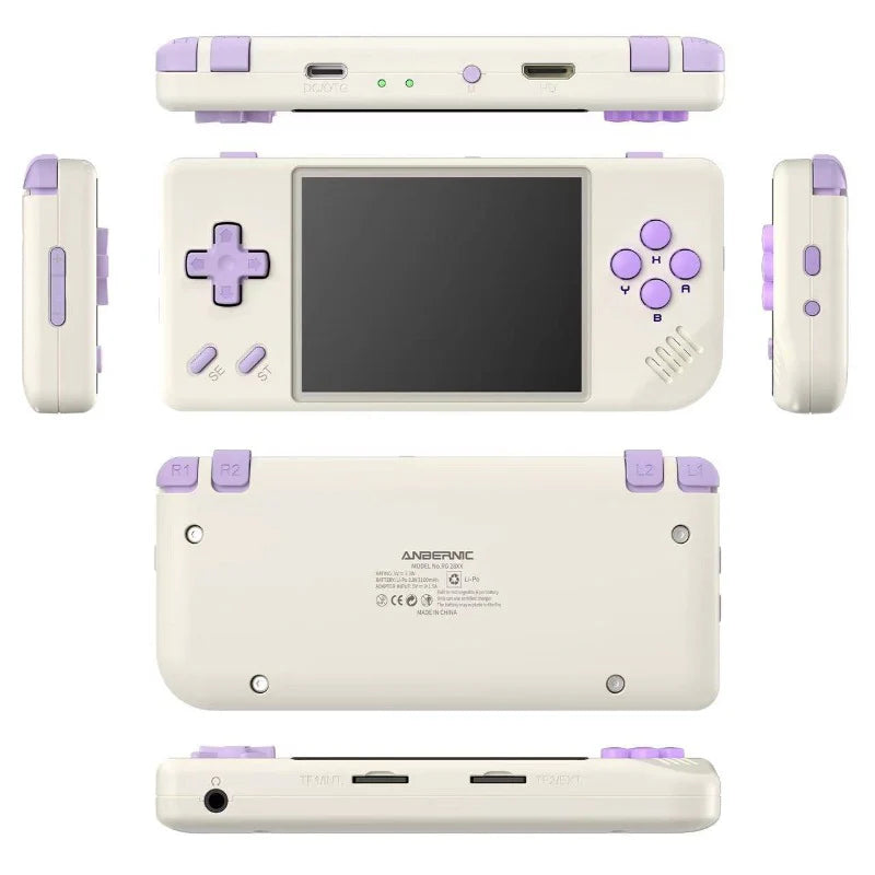 Handheld gaming console with purple accents on a white background