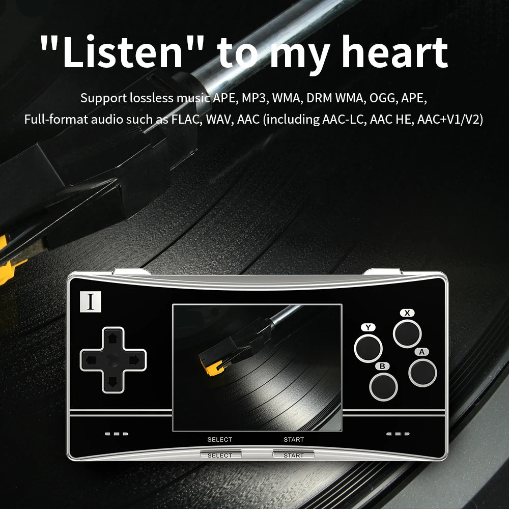 Handheld gaming console with vinyl record player interface on a dark background