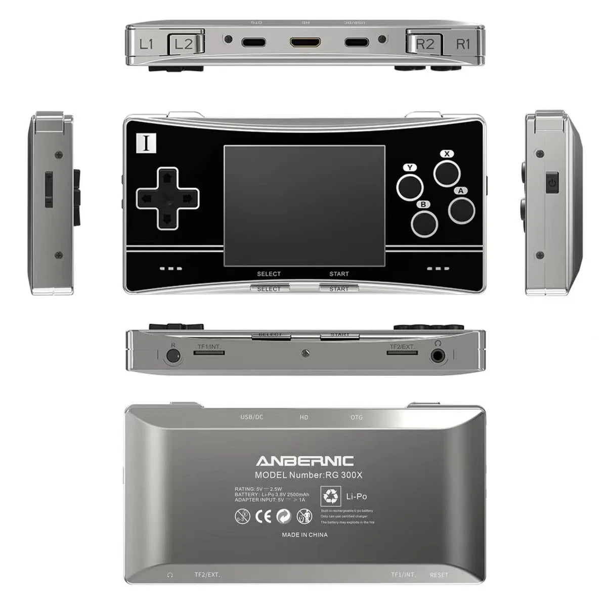 Handheld gaming console with multiple views on a white background