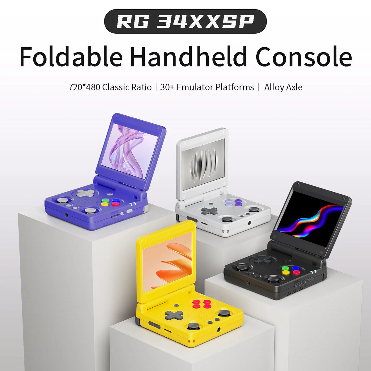 Foldable handheld console with colorful screens on a white background