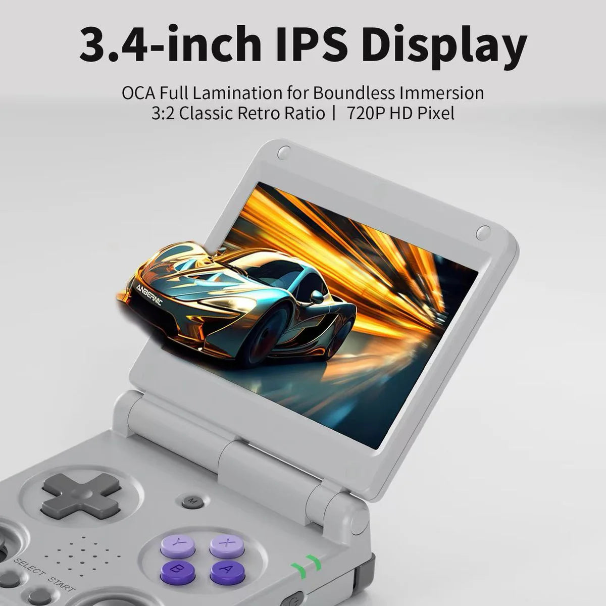 Small handheld device with a 3.4-inch IPS display showing a car on screen, on a light gray background.