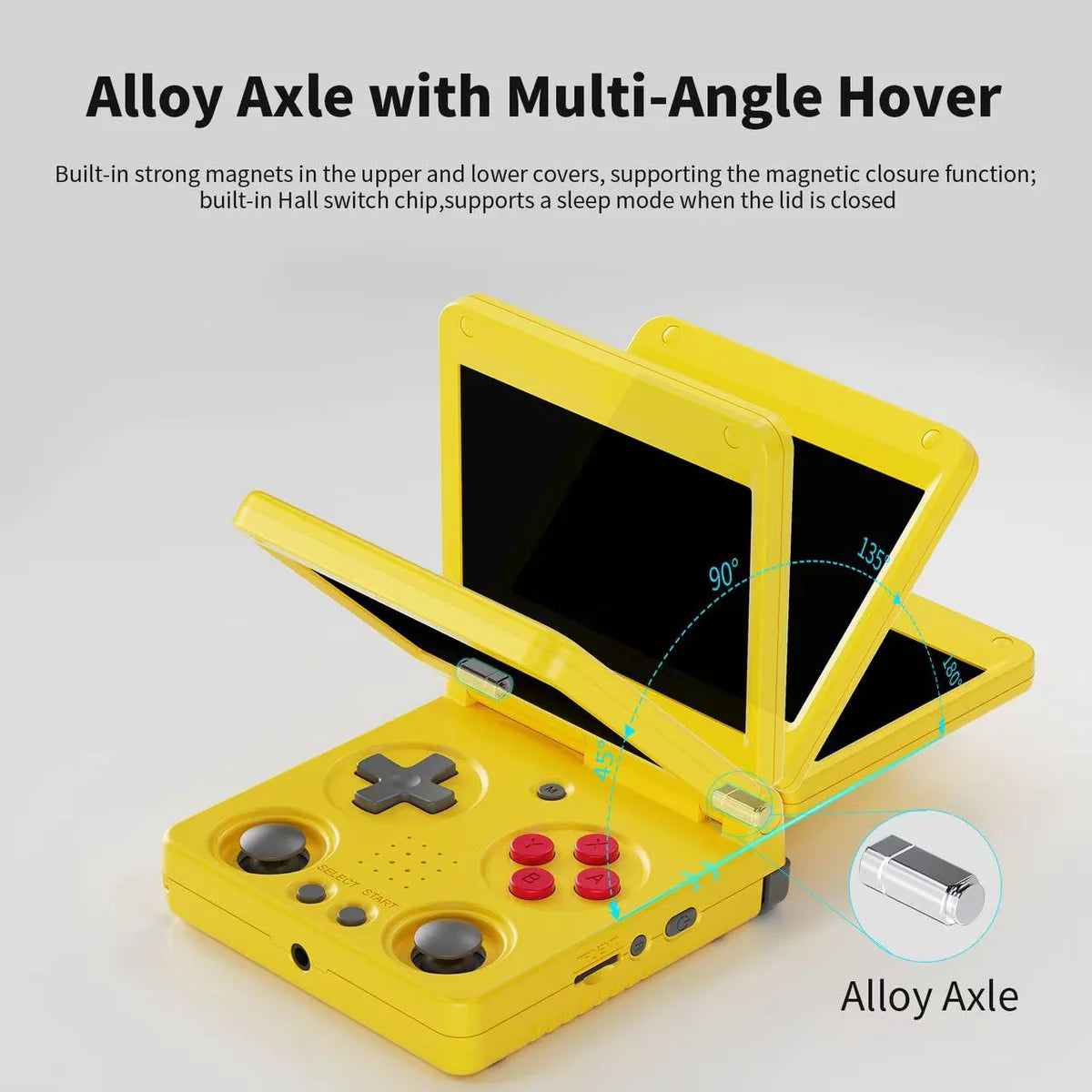 Yellow handheld gaming console with screen and controls on a light gray background, featuring Alloy Axle branding.