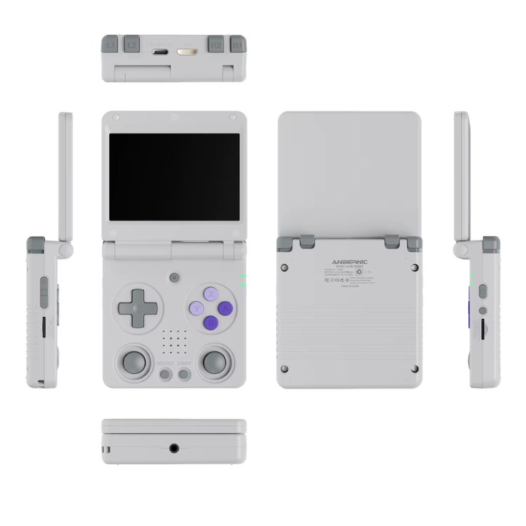 White handheld gaming console with an anbernic logo on a white background