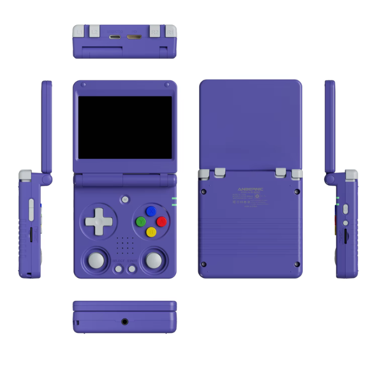Purple handheld gaming console with multiple views on a white background