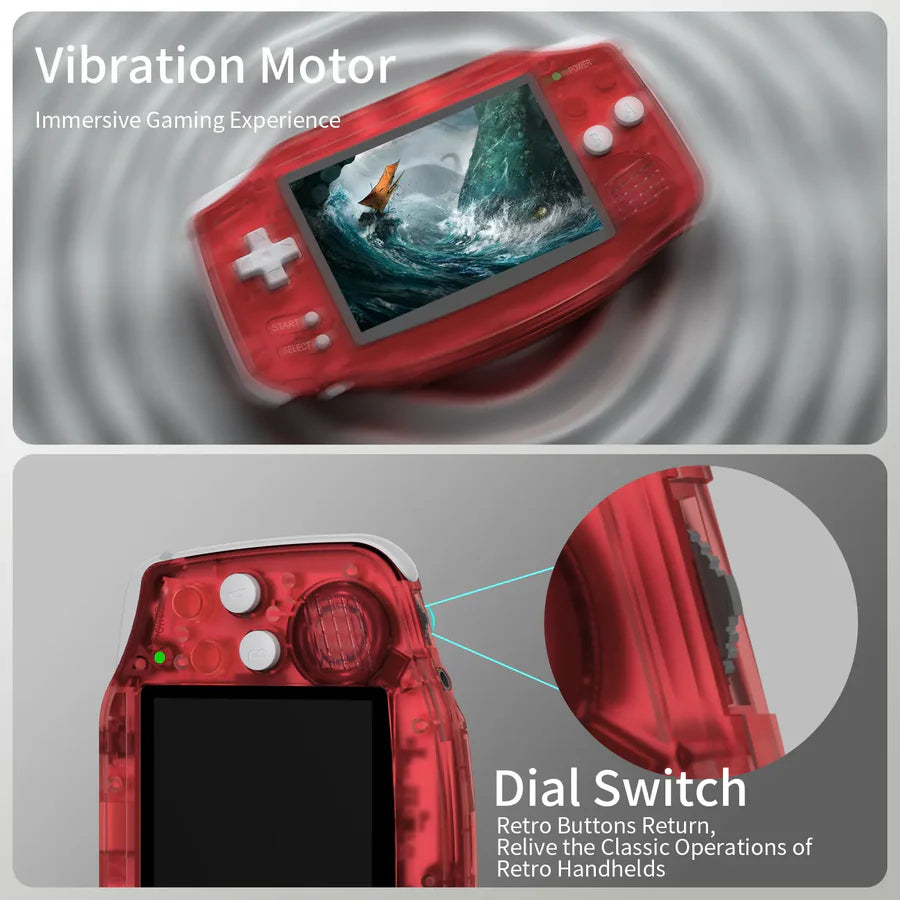Red gaming console with vibration motor and dial switch features on a gray background