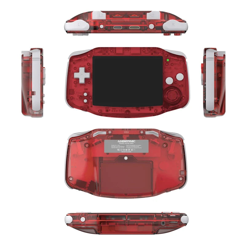 Red handheld gaming console with multiple views on a white background