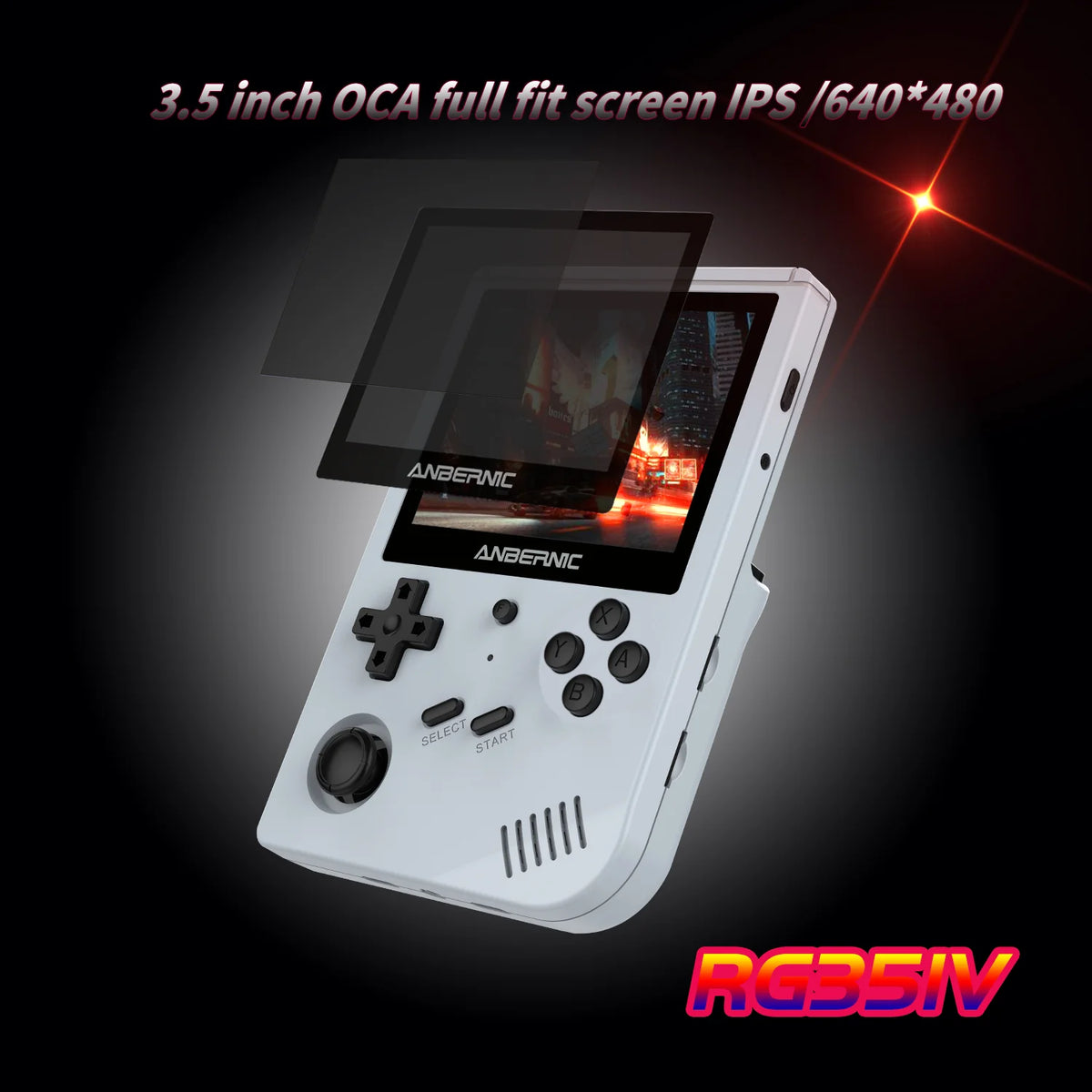 Handheld gaming console with a screen displaying graphics on a dark background