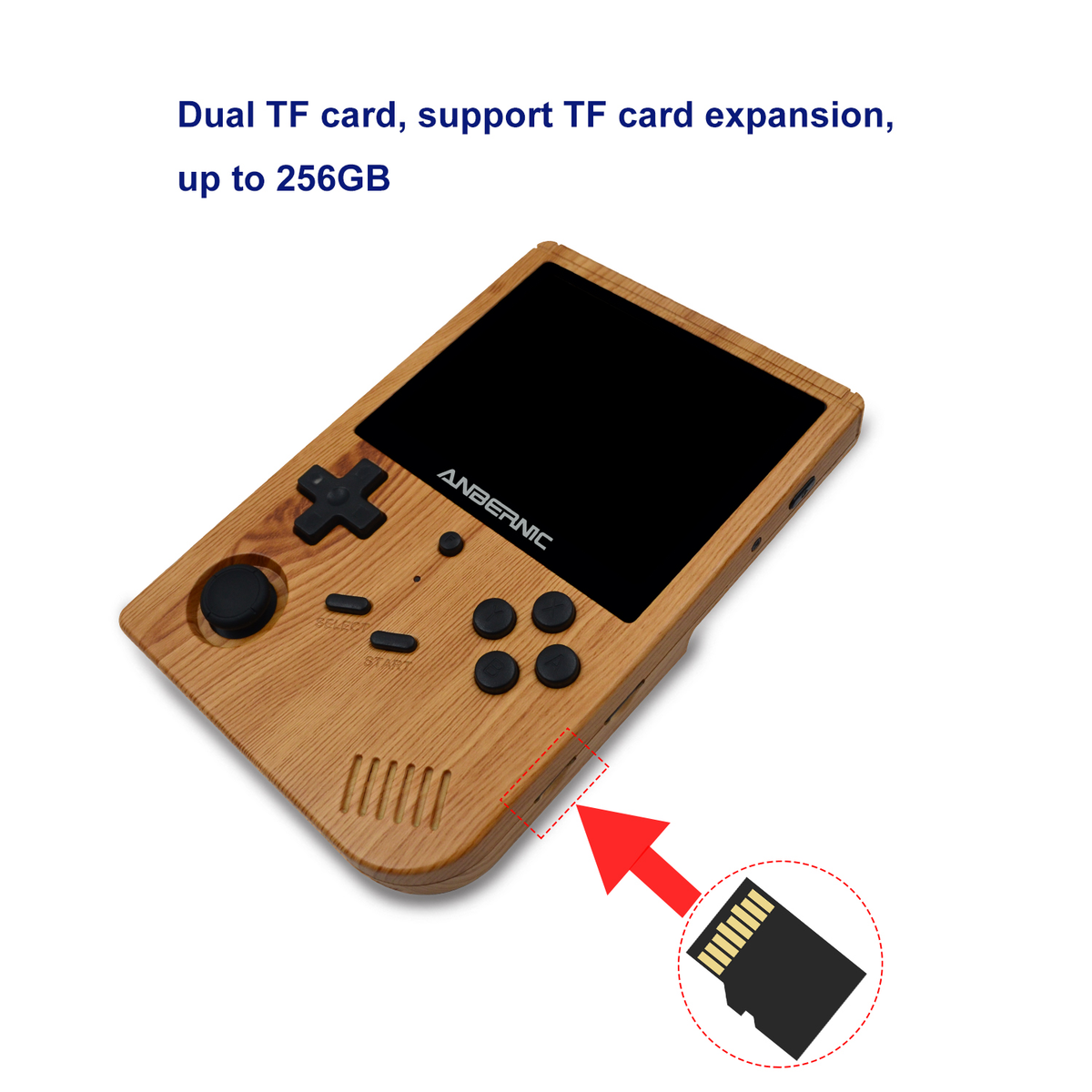 Handheld gaming console with wooden casing and text about TF card support on a white background