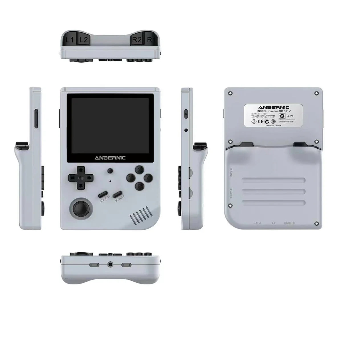 Portable gaming console with multiple views on a white background