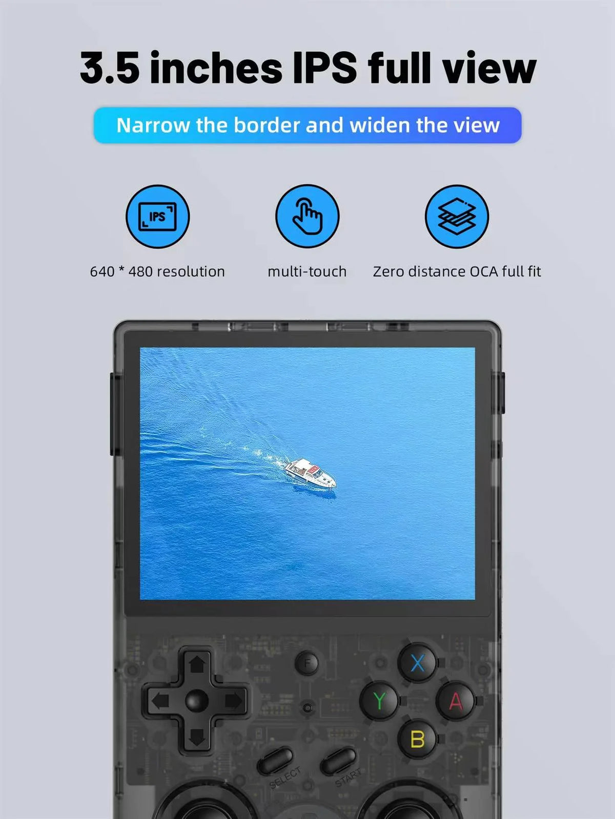 Handheld gaming console with a screen displaying a boat on water, set against a gray background with text about screen specifications.