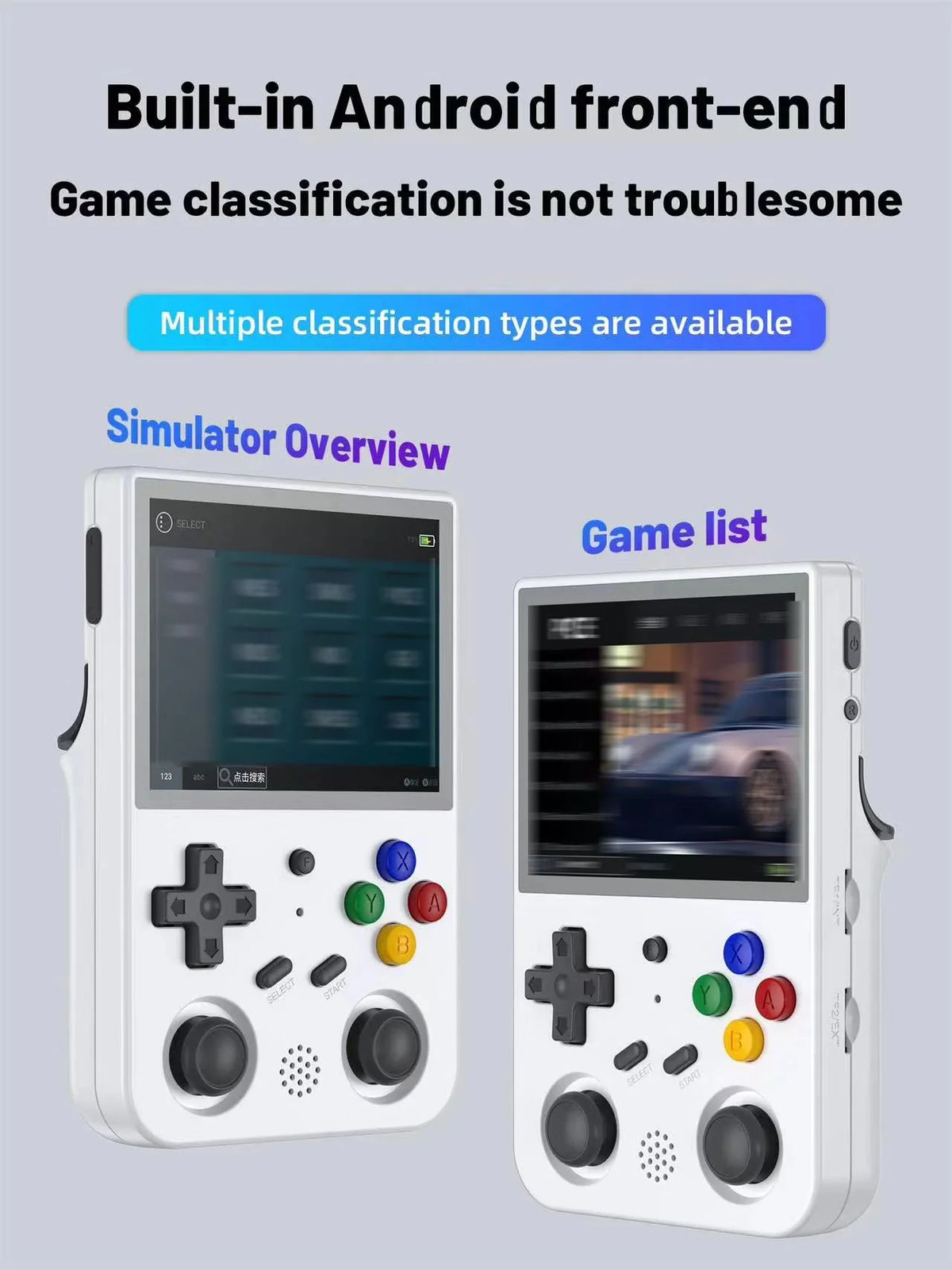 Two handheld gaming consoles with screens displaying text about a built-in Android front-end and game classification system.