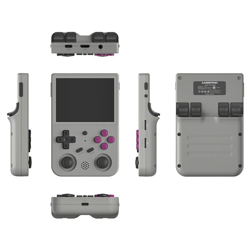 Gray handheld gaming console with multiple views on a white background