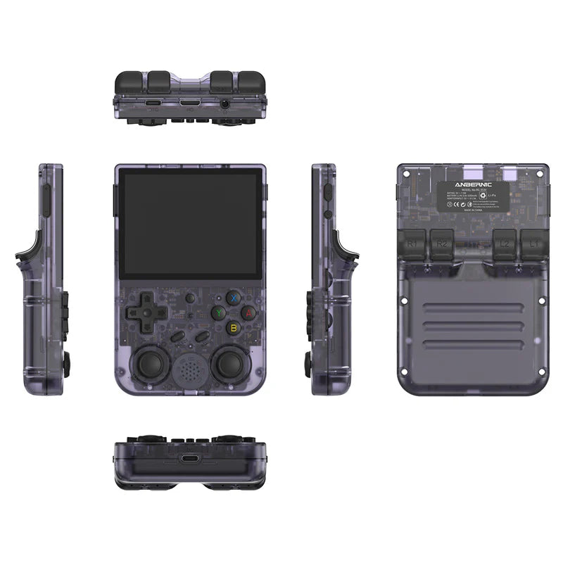 Transparent handheld gaming console with multiple views on a white background