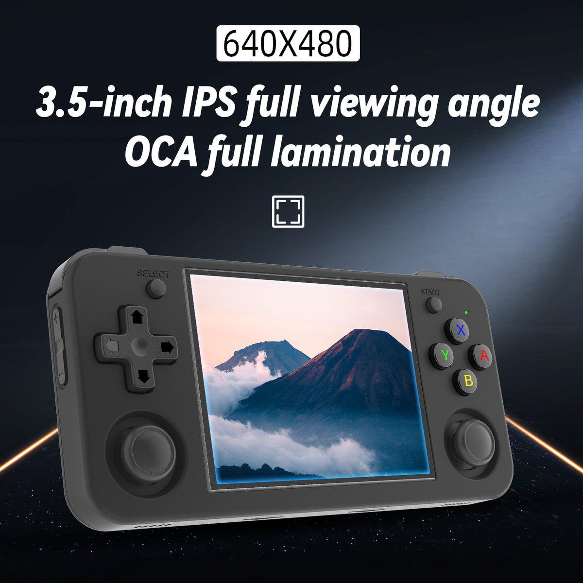 Handheld gaming console with 3.5-inch IPS display on a dark background