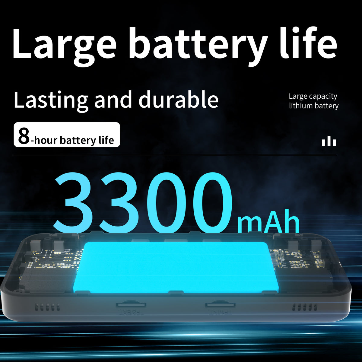 Phone with a large battery life display showing 3300 mAh and 8-hour battery life on a dark background.