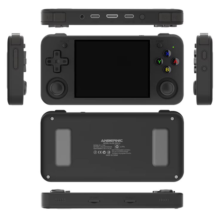 Black handheld gaming console with multiple views on a white background