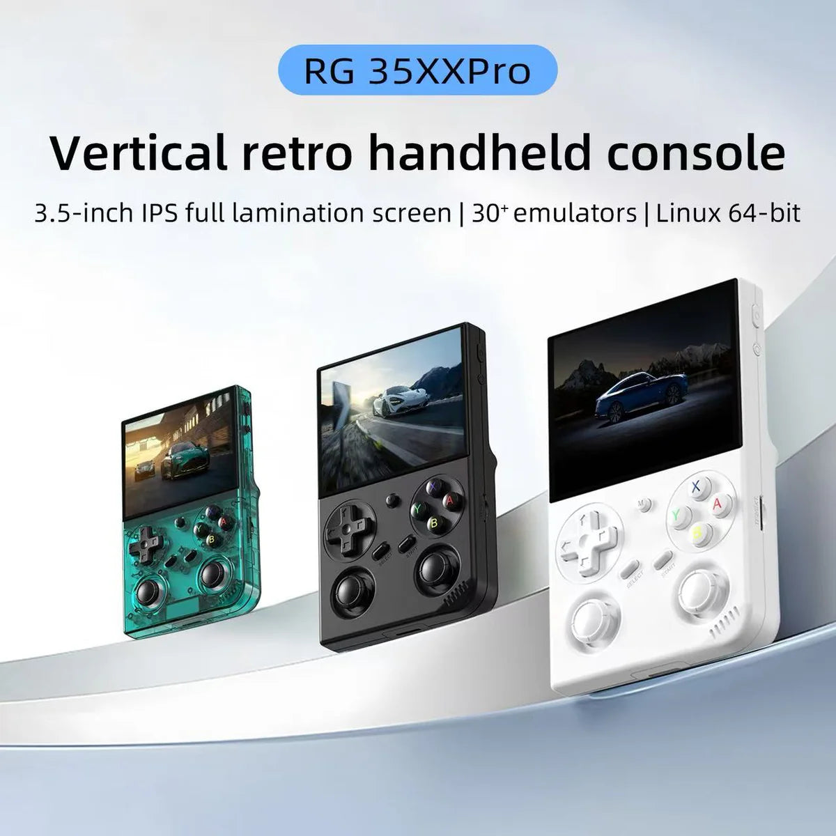Three vertical retro handheld consoles with text detailing features on a light gray background