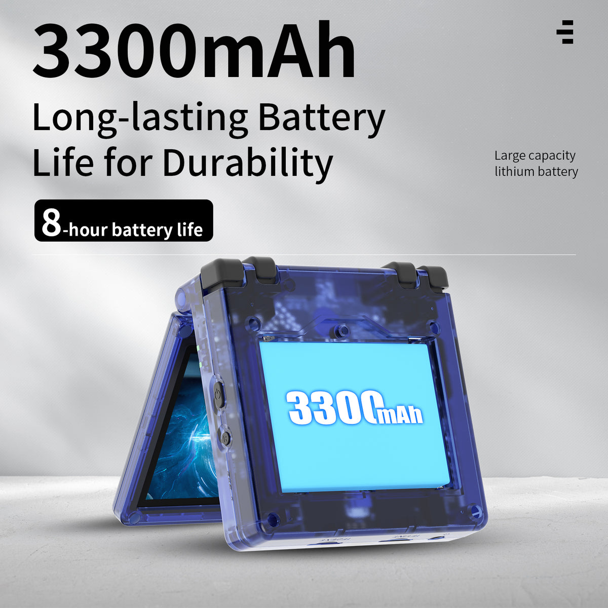 Product with 3300mAh battery label on a gray background
