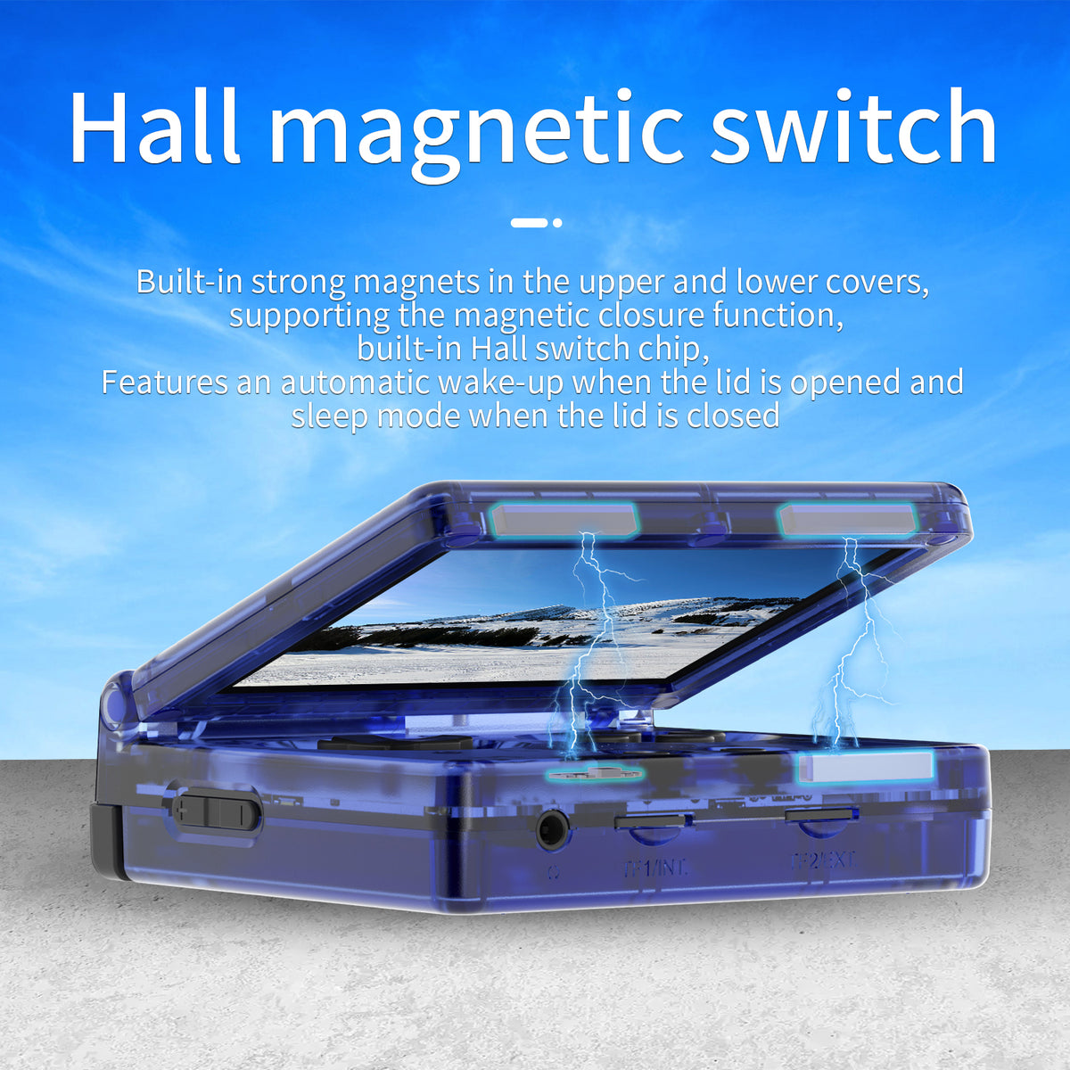 Hall magnetic switch with text on a blue background