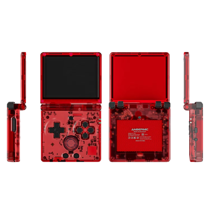 Transparent red gaming console with visible internal components on a white background
