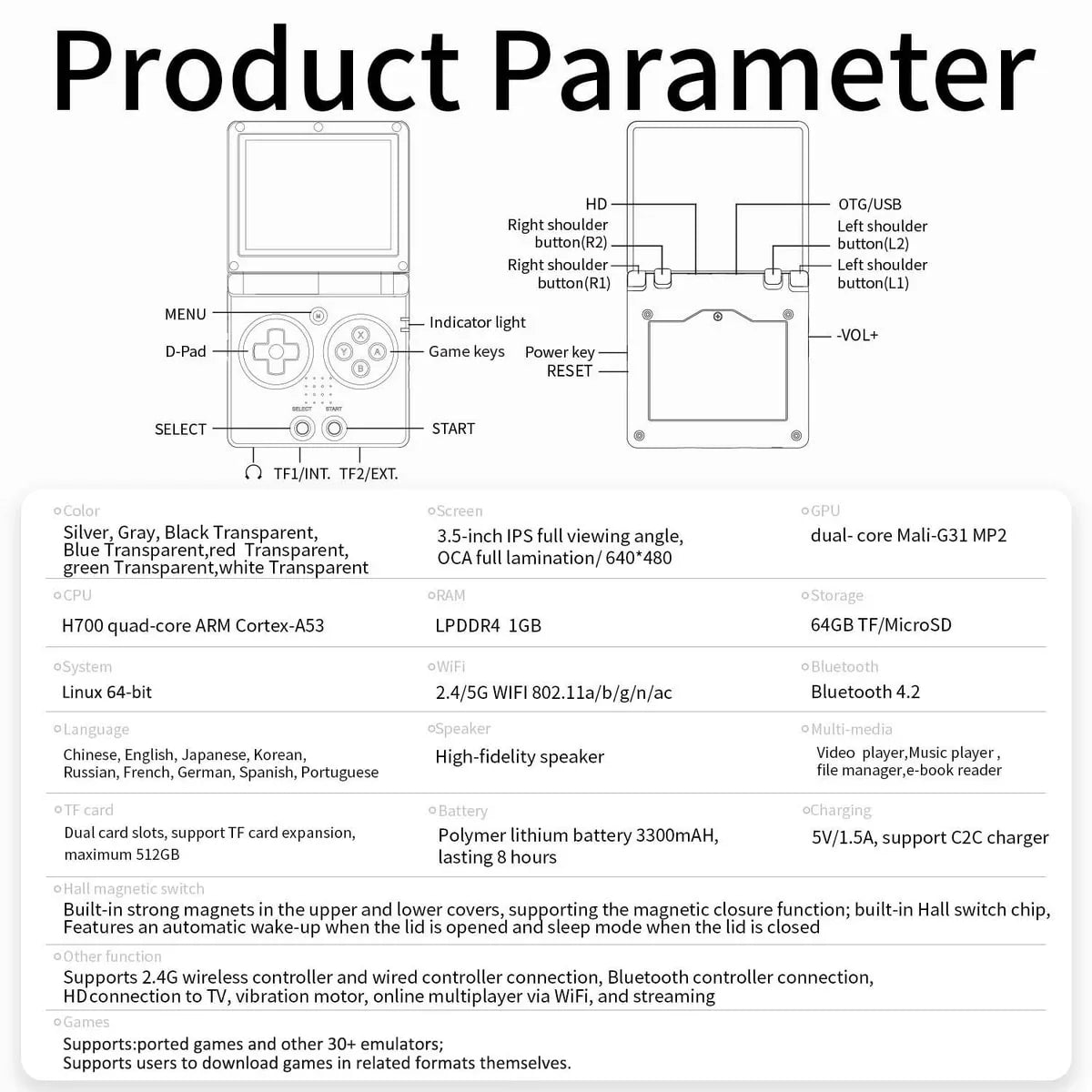 Product parameter sheet for a handheld gaming device with specifications and features listed.