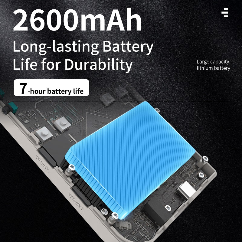 Battery pack with blue casing on a black background, highlighting '2600mAh' and '7-hour battery life'.