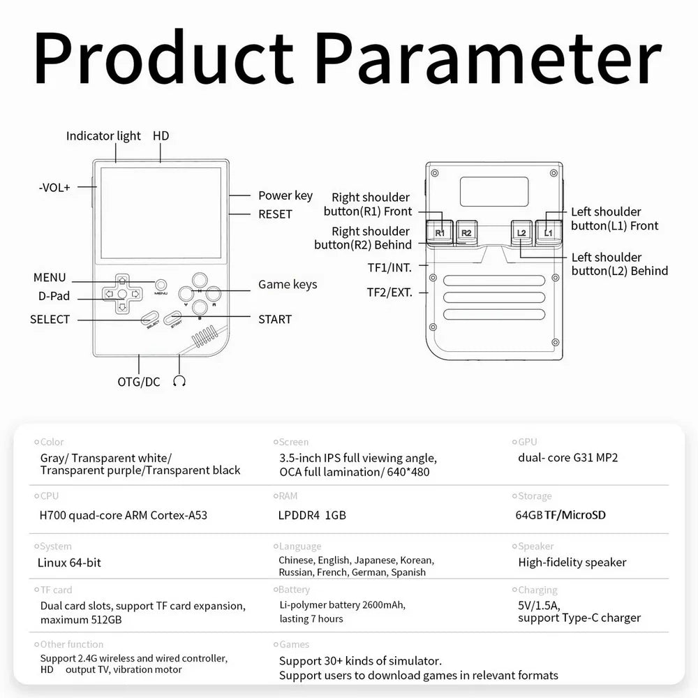 Diagram of a handheld gaming device with labeled parts and product parameter details.