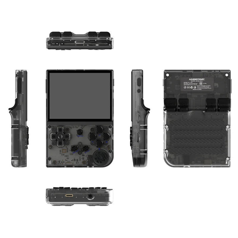 Black handheld gaming console with multiple views on a white background