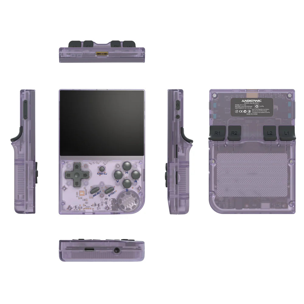 Handheld gaming console with transparent purple casing on a white background