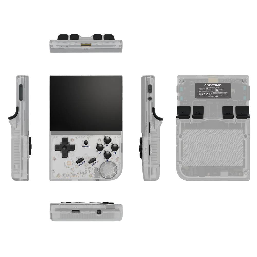 Portable gaming console with multiple views on a white background