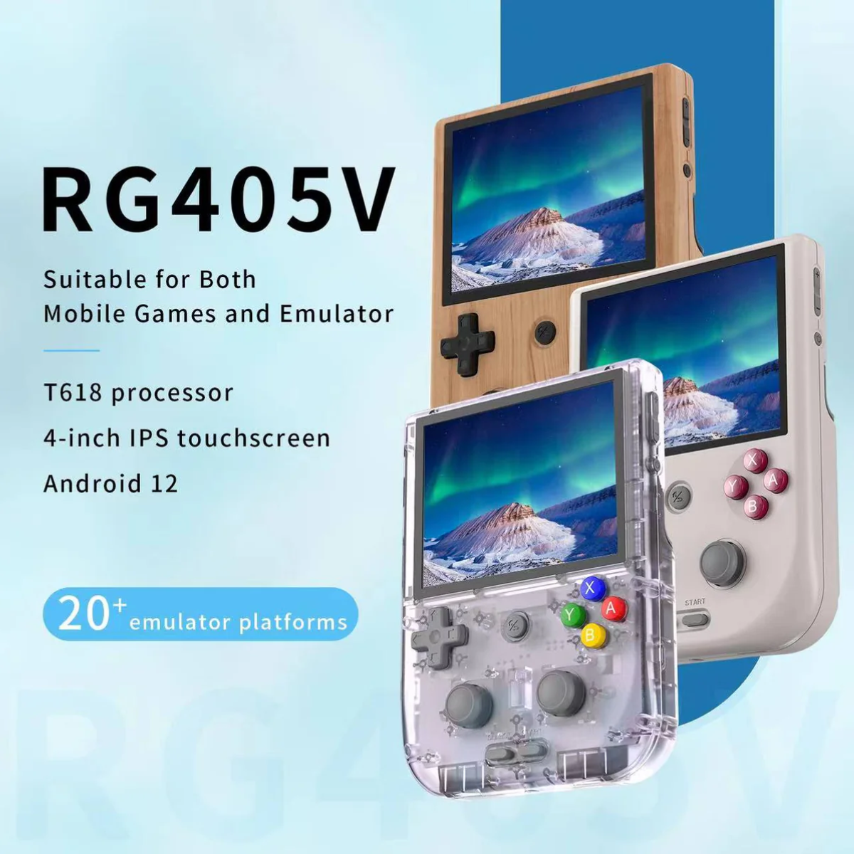 Handheld gaming console with multiple screens on a blue background, featuring text about its specifications.