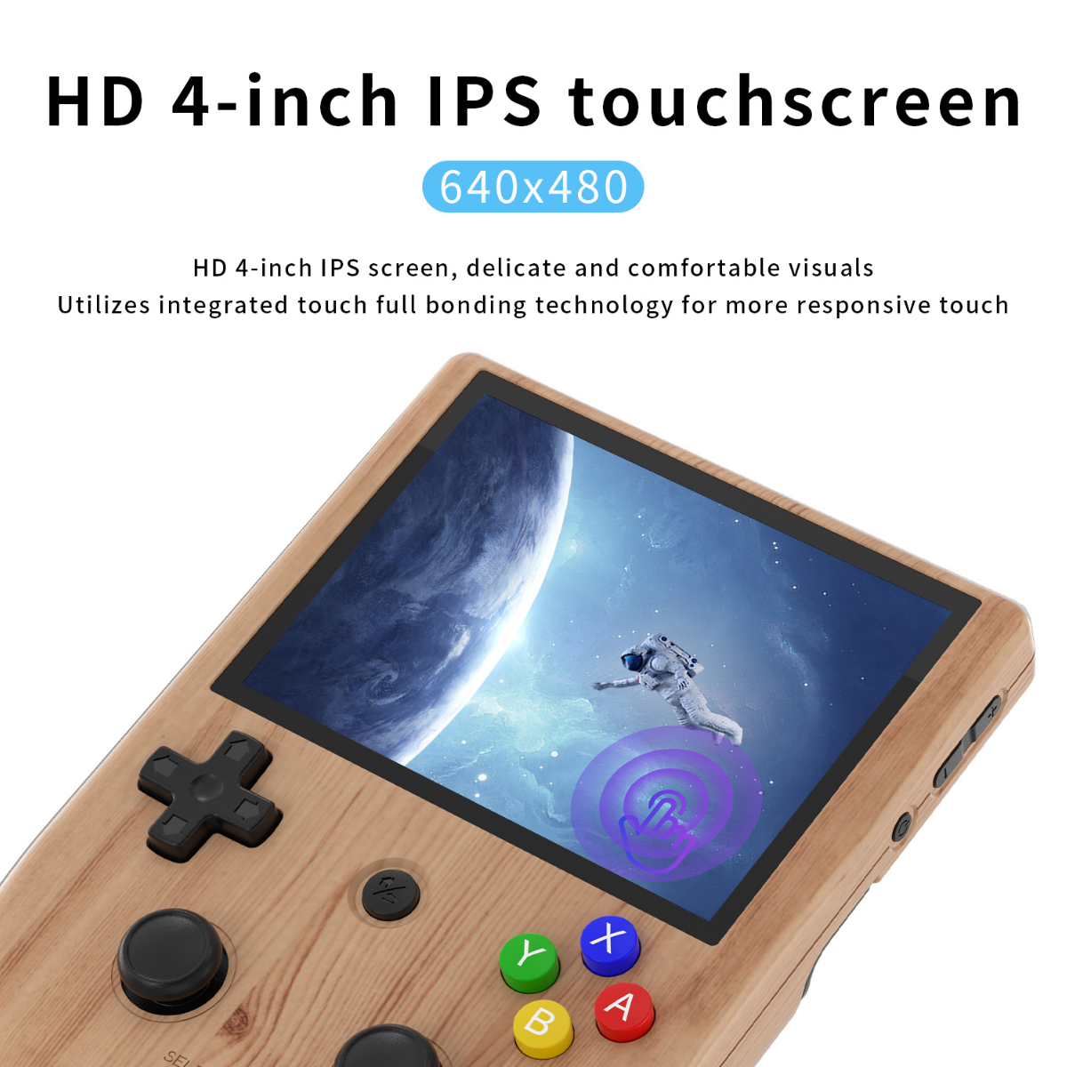 Handheld gaming console with wooden casing and touchscreen displaying an astronaut image.