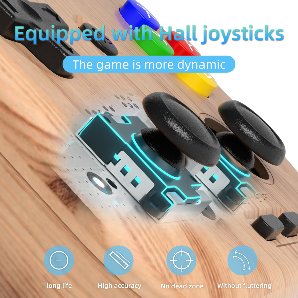 Gaming controller with hall joysticks on a wooden surface, featuring text and icons about controller features.