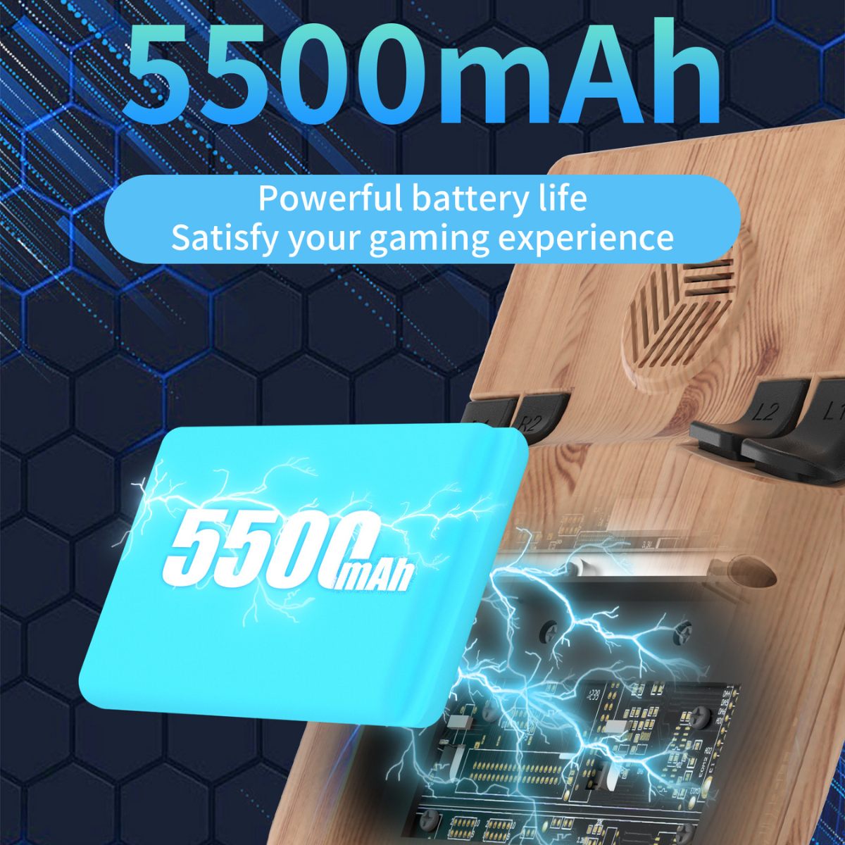 5500mAh battery pack with wooden casing and electronic components on a dark background