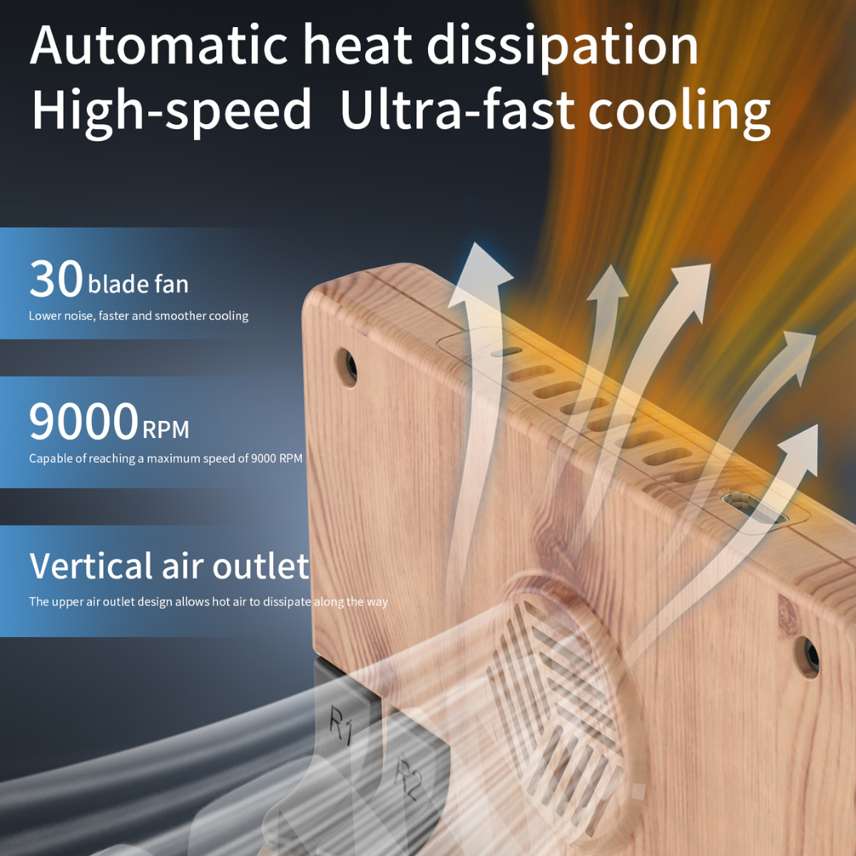 Wooden cooling device with text highlighting features like automatic heat dissipation, high-speed cooling, and 30-blade fan.