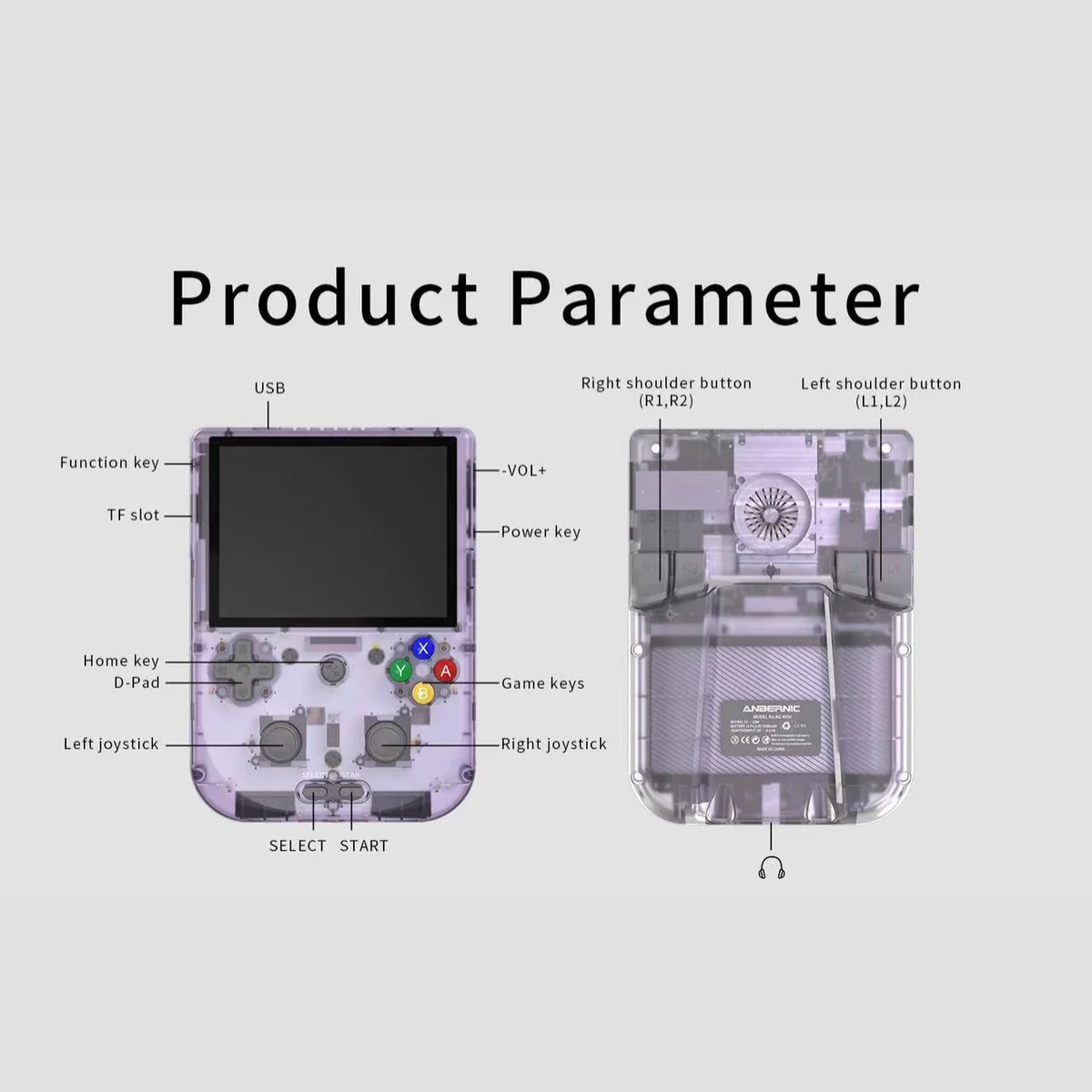 Diagram of a handheld gaming device with labeled components on a white background