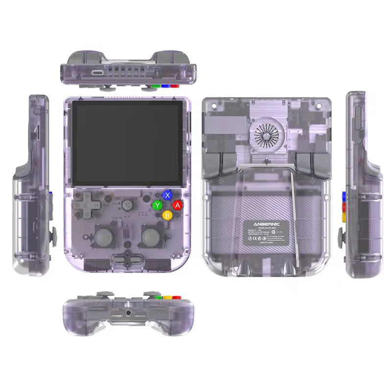 Transparent handheld gaming console with screen and buttons on a white background