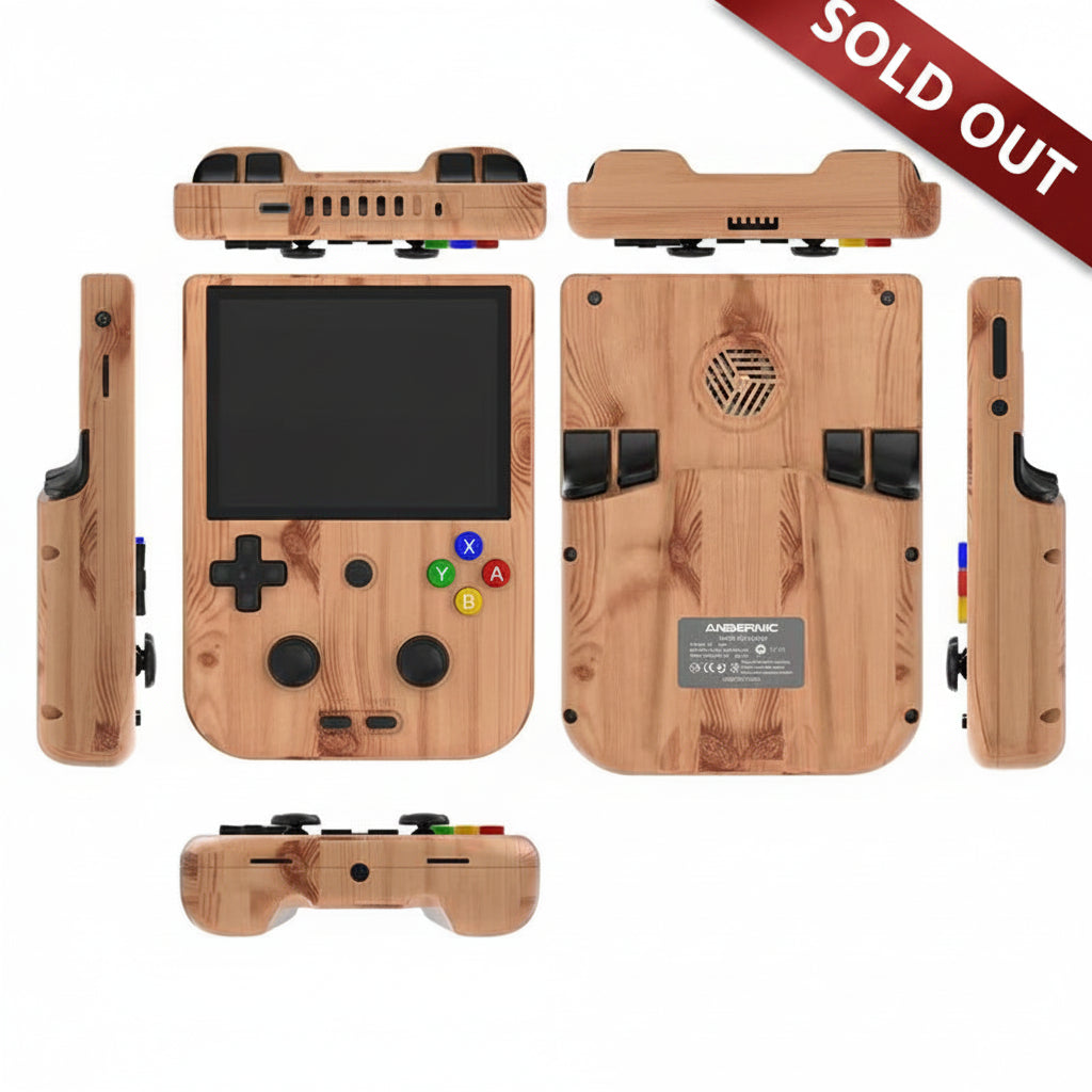 Wooden handheld gaming console with multiple views on a white background