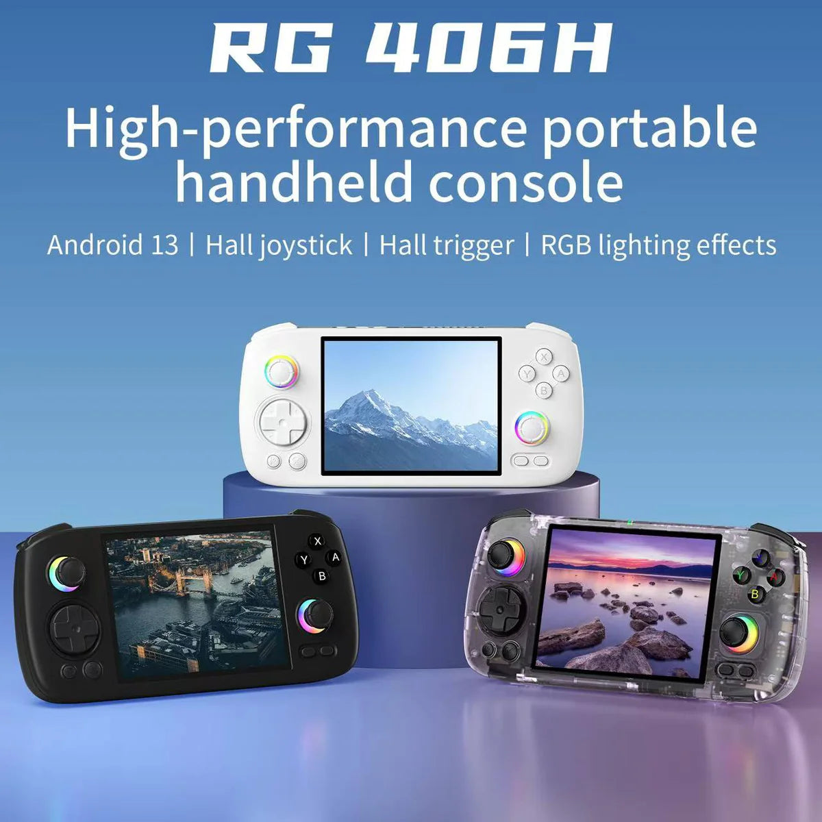 High-performance portable handheld console with RGB lighting effects on a blue background