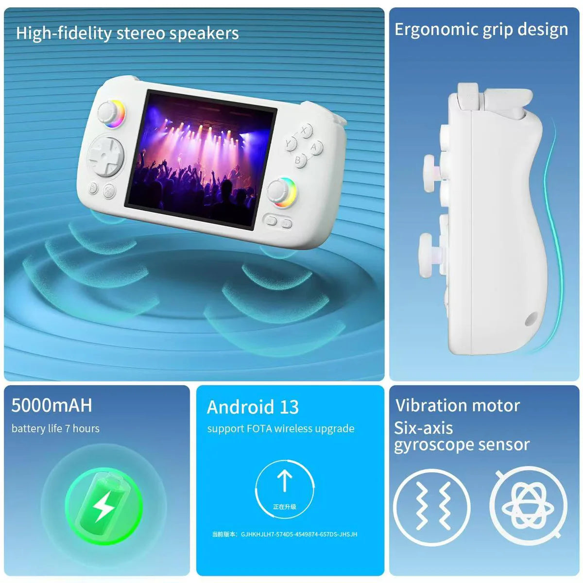 Gaming console with features highlighted on a blue background