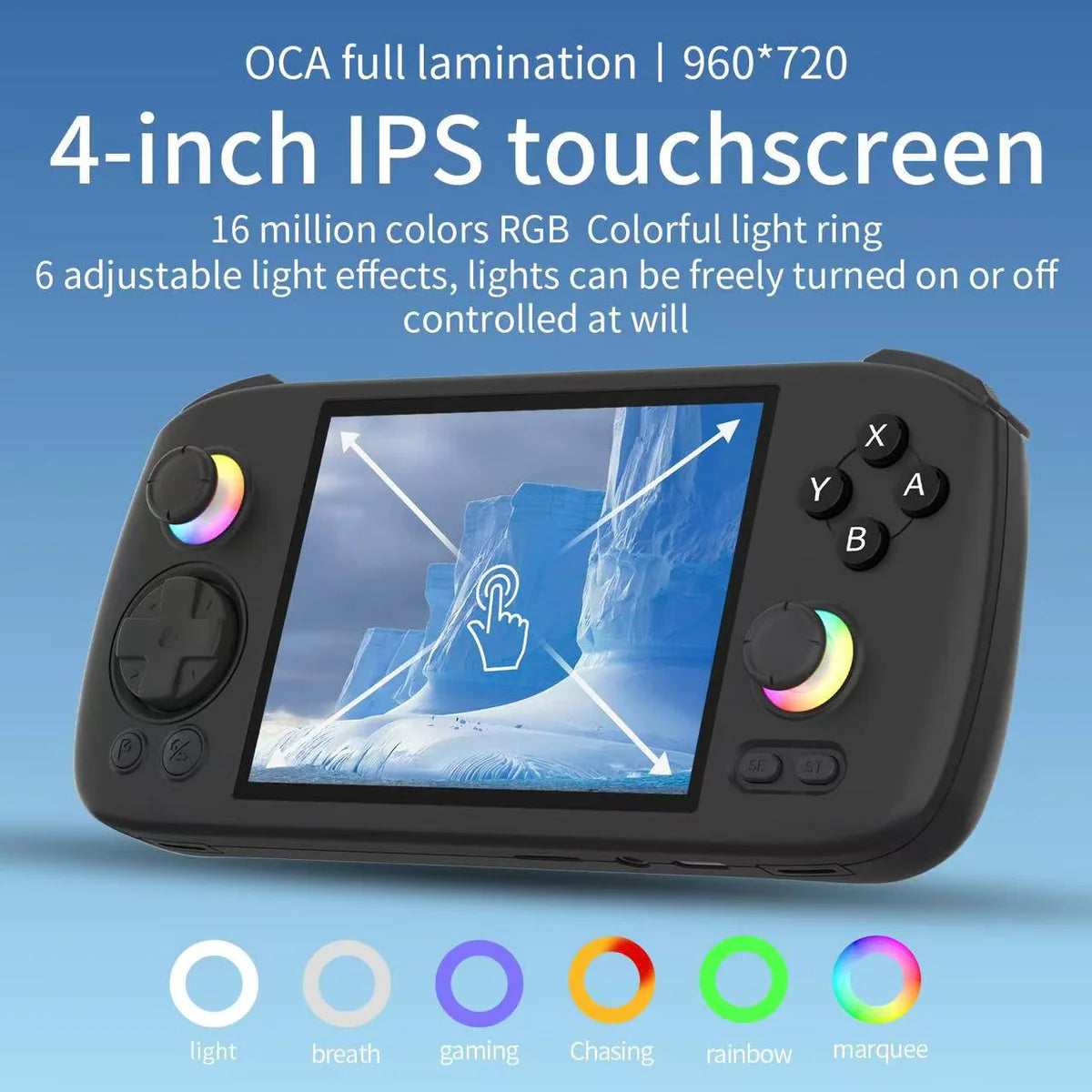 Handheld gaming console with 4-inch IPS touchscreen on a blue background