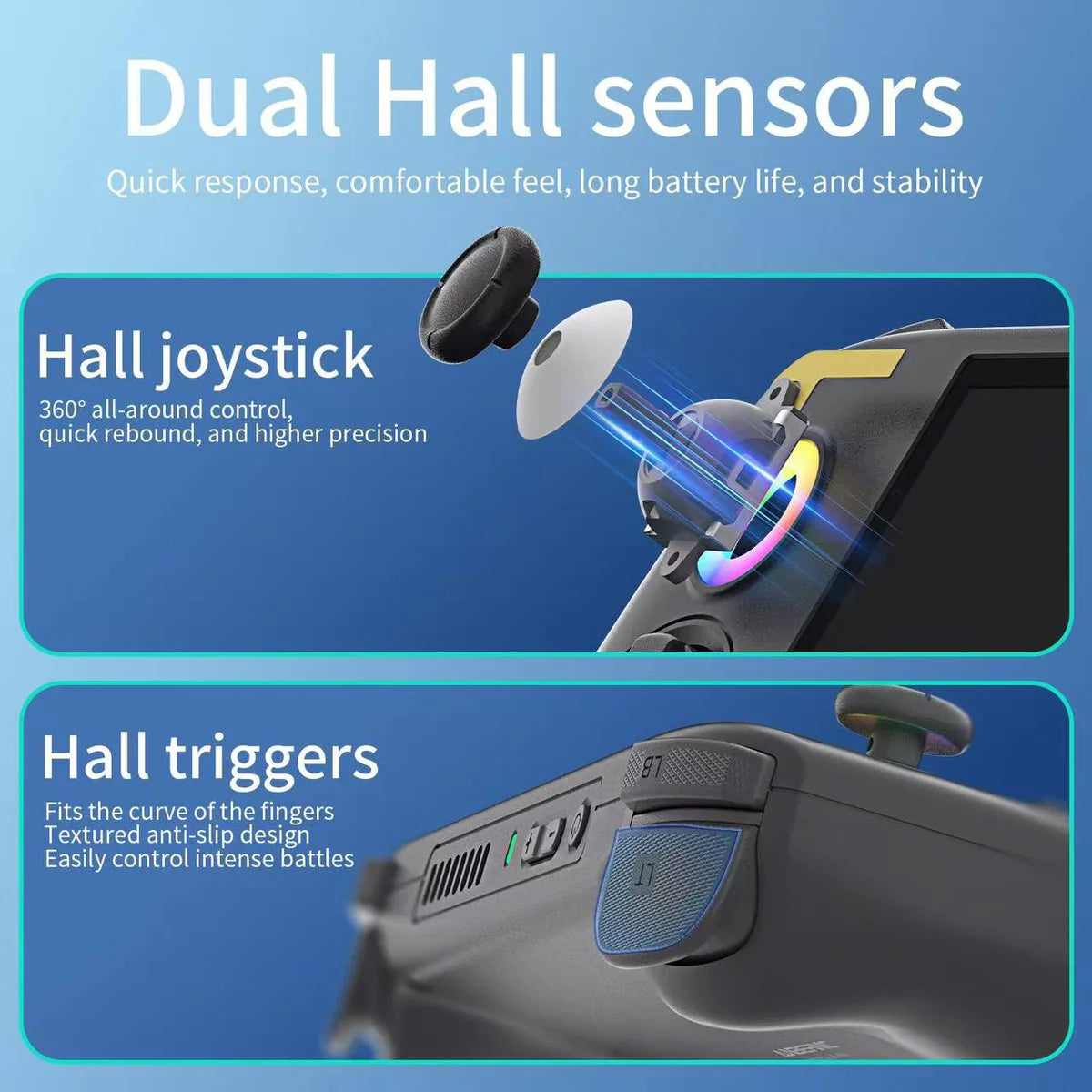 Gaming controller with Hall joystick and triggers on a blue background