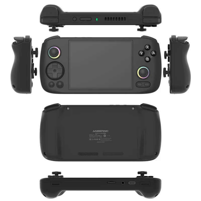 Black handheld gaming console with controller on a white background